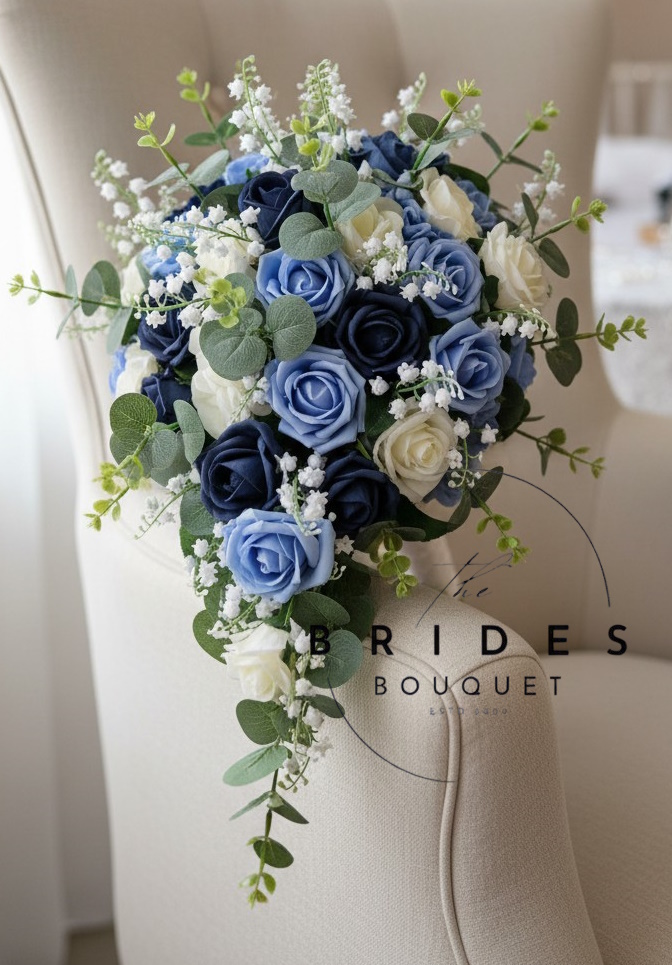 navy blue and ivory rose wedding bouquet tear bouquet with lily of the valley and eucalyptus