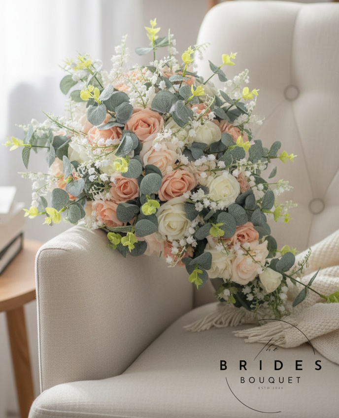 peach and vanilla example rose bridal bouquet with lily of the valley and eucalyptus tear bowket