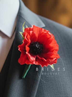 silk red poppy wedding buttonhole corsage grooms flower remembrance poppy
