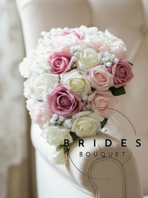 small bridal tear bouquet of foam roses with gyopsophila