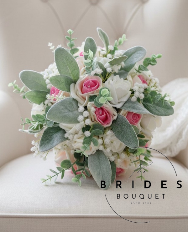 bridal bouquet of pin blush roses with lambs ear eucalyptus and gyposphila