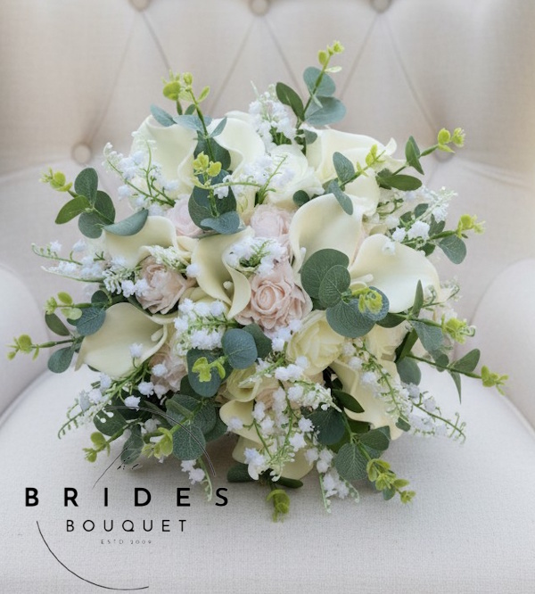 bridal bouquet of roses calla lily and lily of the valley with eucalyptus any colour artificial bridal flowers uk