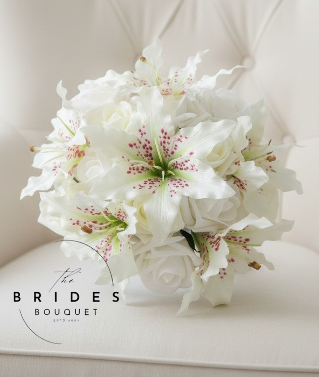 bridesmaid size bouquet of ivory tiger lily and white and ivory roses artificial