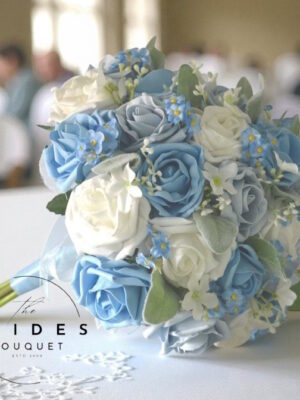 artificial bridal bouquet blue roses with forget me nots for spring weddings uk
