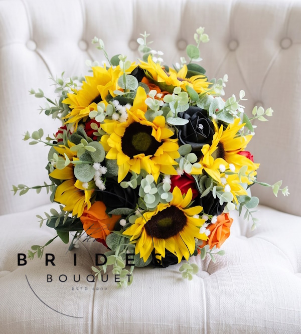 silk sunflower and rose wedding bouquet with foliage and gyp