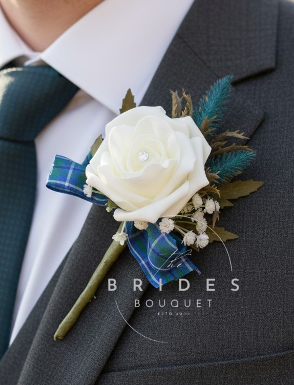 wedding buttonhole for grooms rose thistle teal example