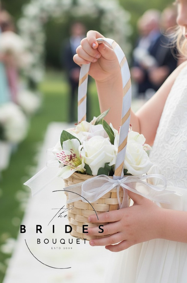 flower girl baskets of artificial flowers roses and peruvian lily alstroemeria any colours