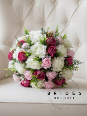 artificial rose bridal bouquet with natural-look foliage – affordable, beautiful artificial bridal flowers UK