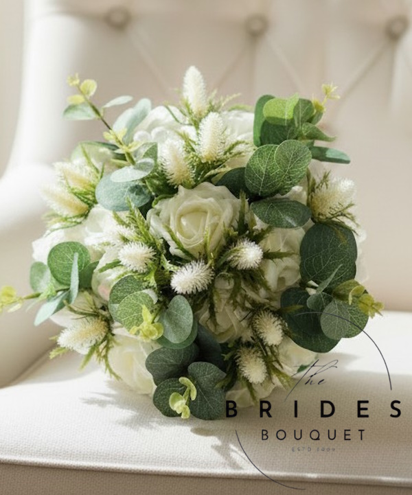 bridesmaid bouquets of artificial ivory thistle roses and euvalyptus