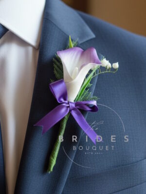 artificial calla lily and lily of the valley wedding corsage buttonholes with purple lilies