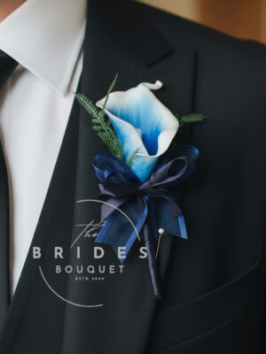 Faux calla lily wedding corsage pin-on buttonhole with ribbon wrap