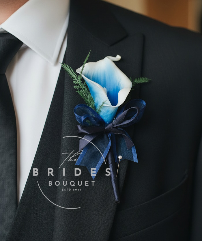calla lily grooms wedding buttonhole guests pin on corsage any colours Faux calla lily wedding corsage pin-on buttonhole with ribbon wrap