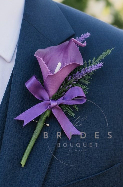 faux calla lily and heather wedding buttonholes