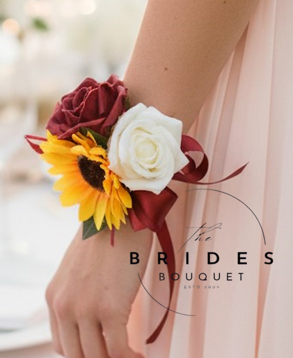 silk sunflower and artificial rose wedding wrist corsage flowers