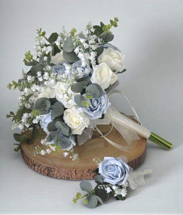 bridal flower package brides bouquet bridesmaid posy and grooms buttonhole roses with lily of the valley lovely blue artificial rose wedding flower package best uk bridal flowers