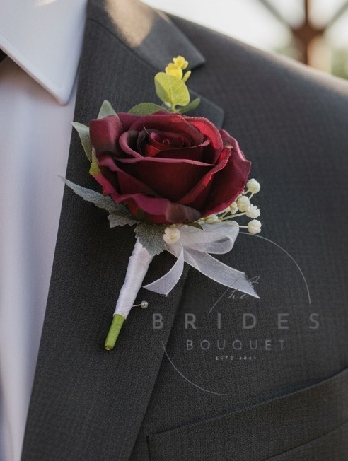 silk rose wedding buttonhole with eucalyptus and gyp burgundy silk rose wedding corsage with eucalypyus