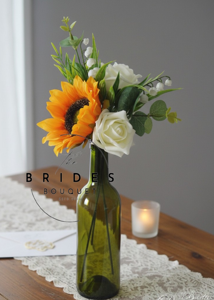 silk sunflower and rose bud vase arrangement with lily of the valley