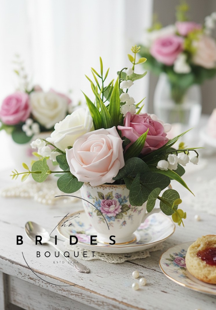 small flower arrangement of artificial flowers with lily of the valley and eucalyptus pud vase jar cup