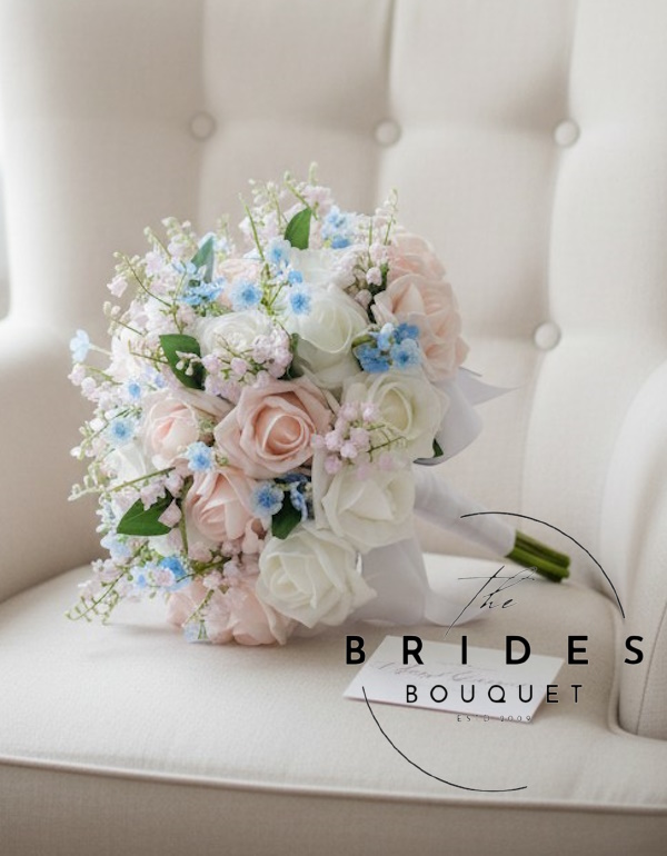 spring bridal bouquet of artificial flowers roses forget me nots and lily of the valley spring wedding brides bouquet flowers for brides bridal bouquets roses lily valley forget me not posy bouquets