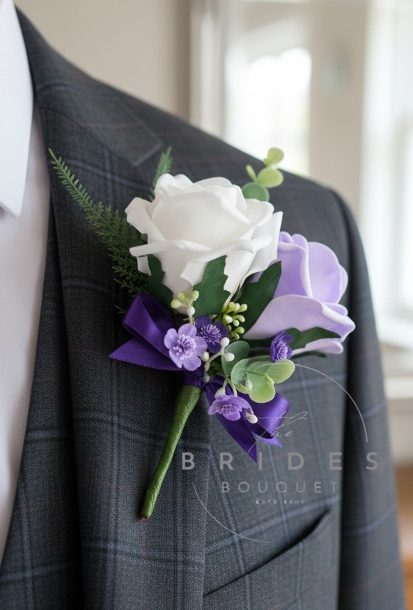 artificial grooms wedding flower buttonhole double rose with coloured gyp and mini eucalyptus