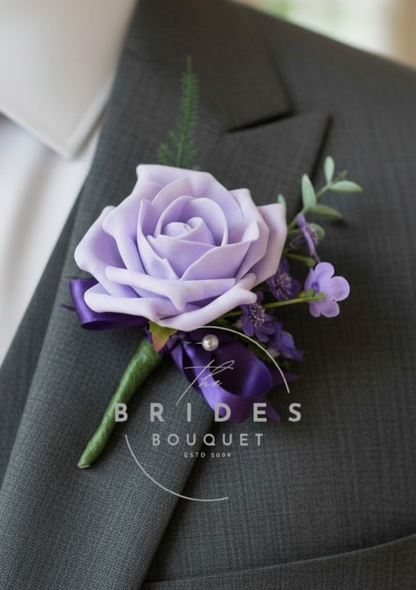 artificial rose wedidng buttonhole with coloured gyp and eucalyptus