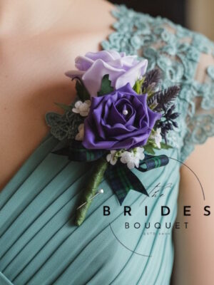 artificial wedding flowers buttonhole corsage with purple thistles and heather tartan bow double rose