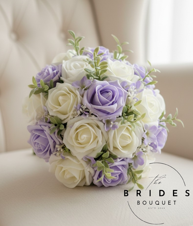 bridesmaids bouquets of artificial flowers roses gypsophila eucalyptus