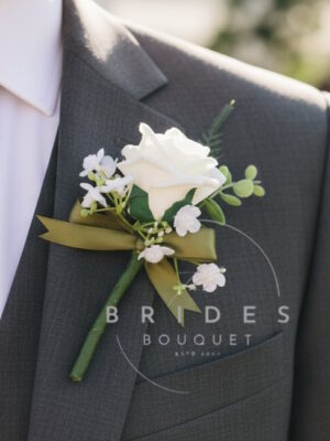 artificial wedding flowers artificial rose and gyp guest buttonholes green sage ribbon