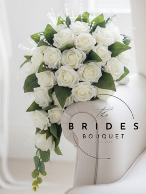 Artificial teardrop wedding bouquet with roses, pearl and crystal stems