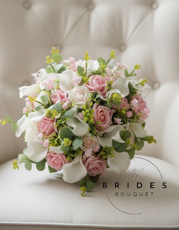 bridal bouquets of artificial flowers roses calla lily coloured baby breath and foliage