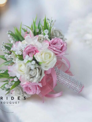 Artificial bridal bouquet with roses, lily of the valley & rhinestone handle