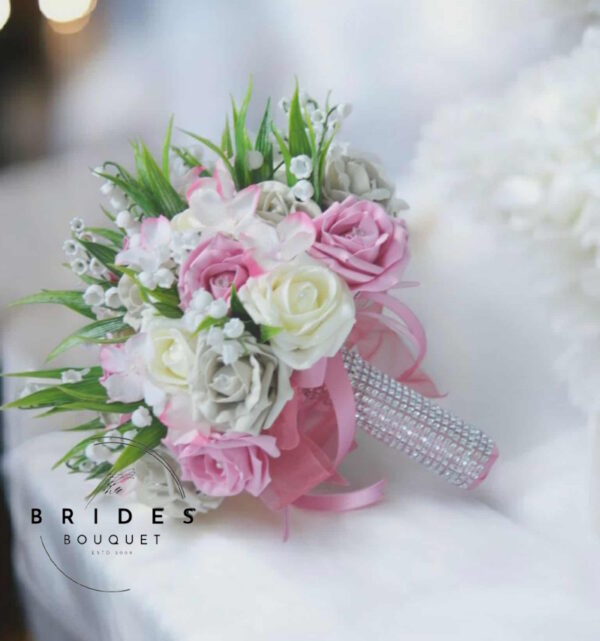 Artificial bridal bouquet with roses, lily of the valley & rhinestone handle