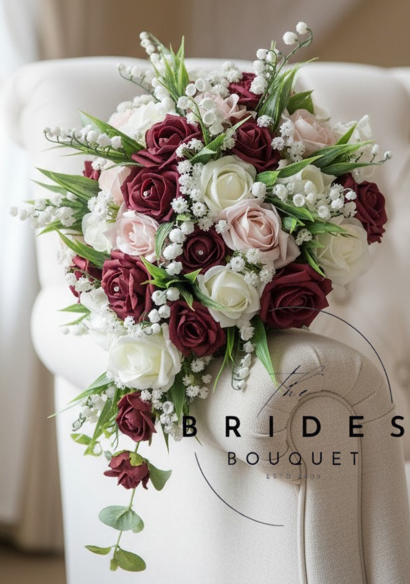 burgundy and rose gold wedding bouquet teardrop bridal flowers with lily of the valley and roses artificial