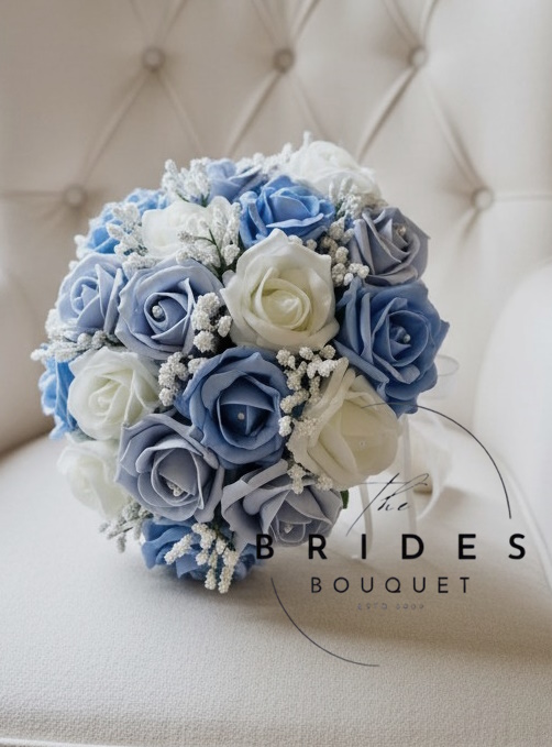 dusty blue light blue rose wedding bouquet with masses of gyp