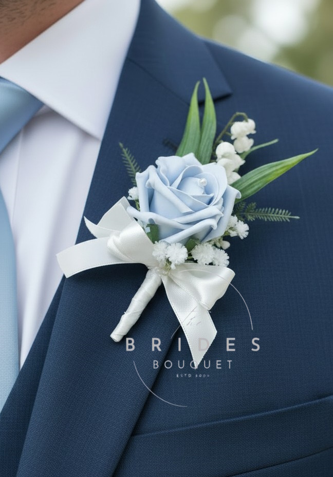 dusty blue rose wedding buttonhole for groom or guest with lily of the valley and gyp
