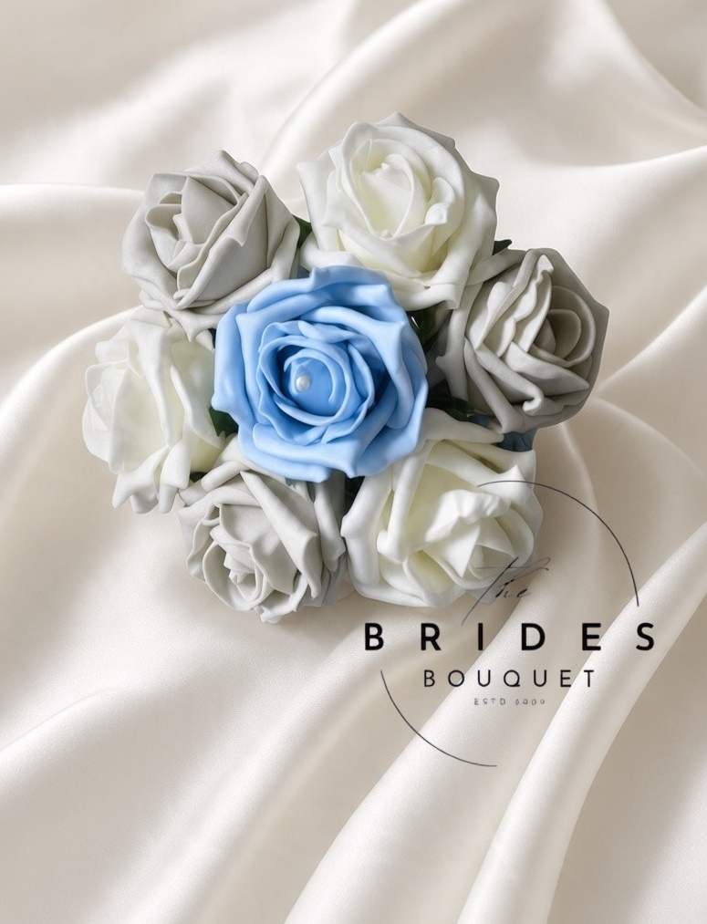 light blue and silver rose wedding bouquet of faux roses for flower girls young bridesmaids
