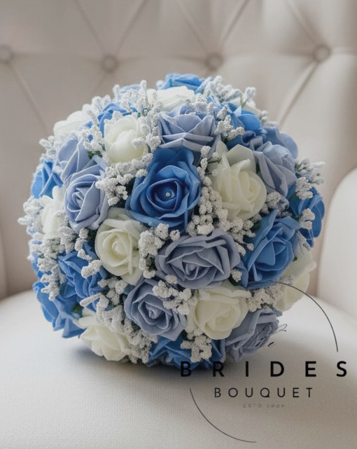 light blue dusty blue wedding bouquet artificial roses with masses of gypsophila