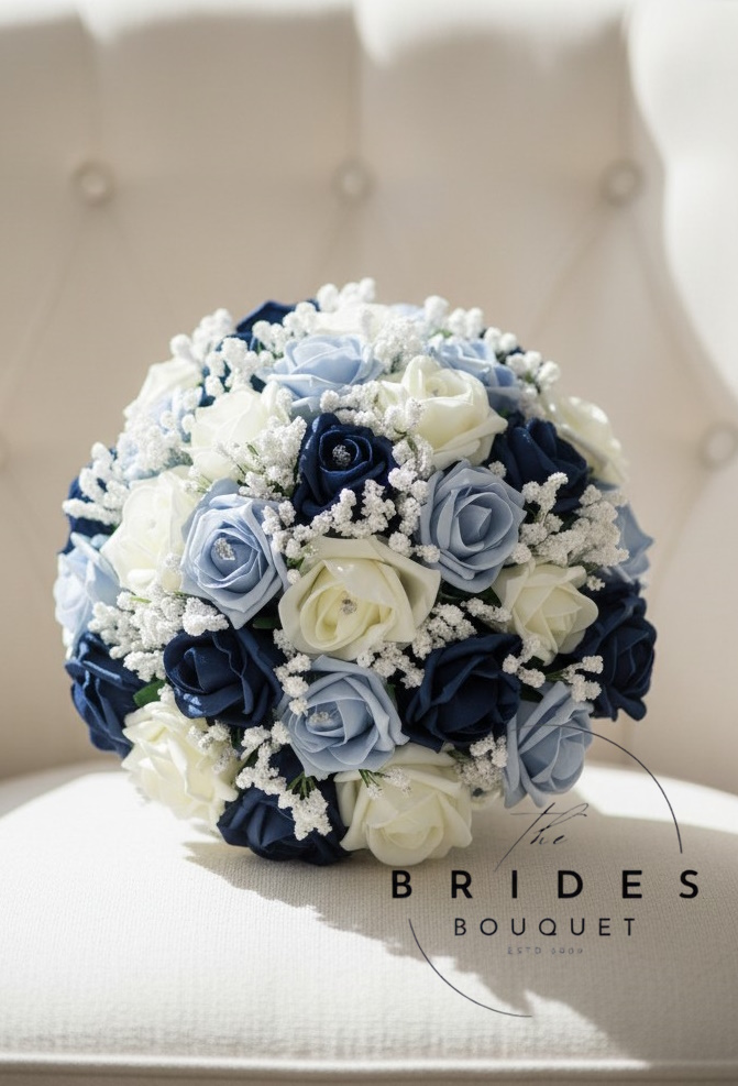 navy and dusty blue rose wedding bouquet with masses of gyp