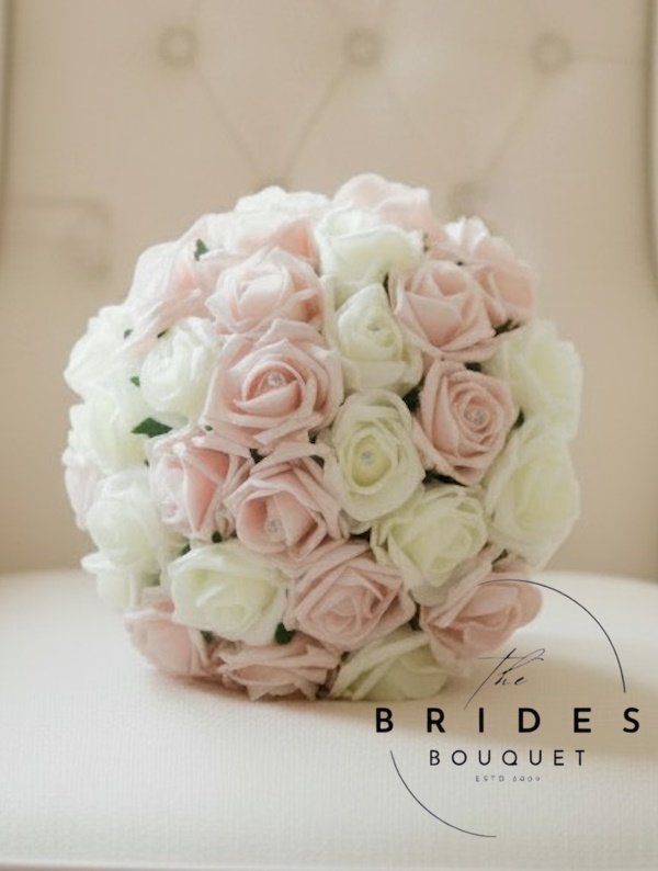 rosegold pink mocha wedding bouquet of roses with ivory roses