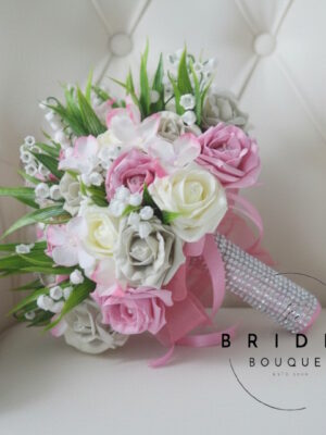 Bridal bouquet with bling handle featuring roses and lily of the valley