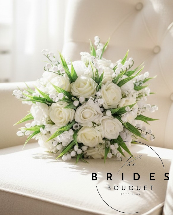 artificial rose and lily of the valley bridal bouquets with filler flower custom colours white example white rose wedding bouquet artificial bridal flowers brides bouquet ivory cream white roses lily of the valley baby breath gyp