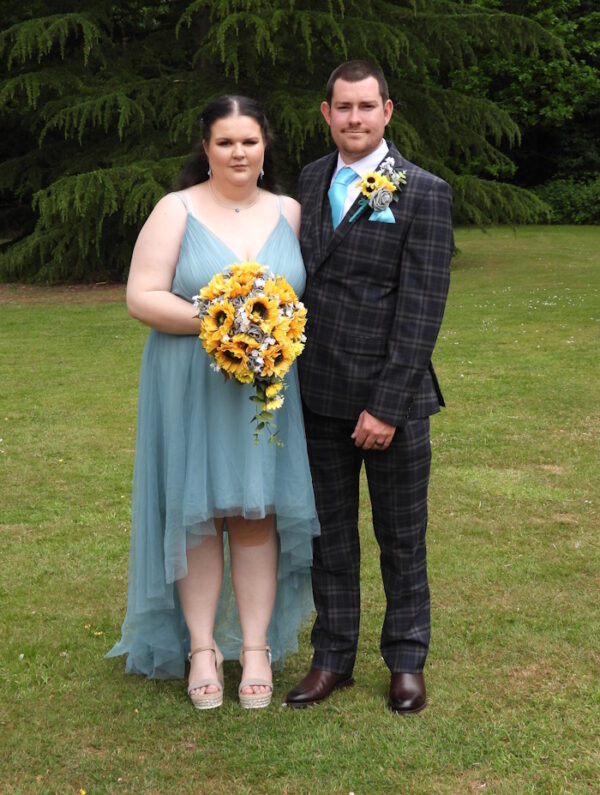 real life bride and groom with silk artificial sunflower rose bridal teardrop bouquet