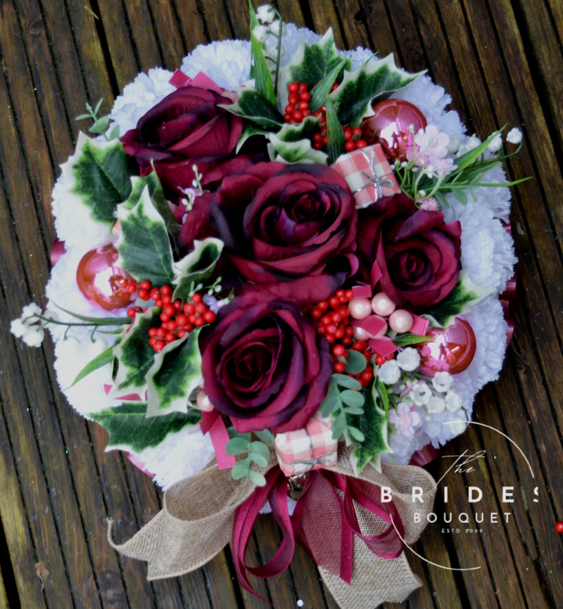 Pink & Burgundy Winter Funeral Flower Arrangement Graveside