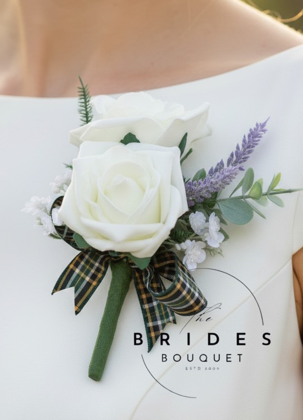 double rose wedding corsage with heather and mini eucalyptus all rose colours