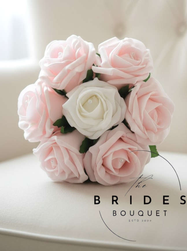 flower girl bouquet of pretty baby pink and ivory faux roses pink bridal flowers opposites artificial