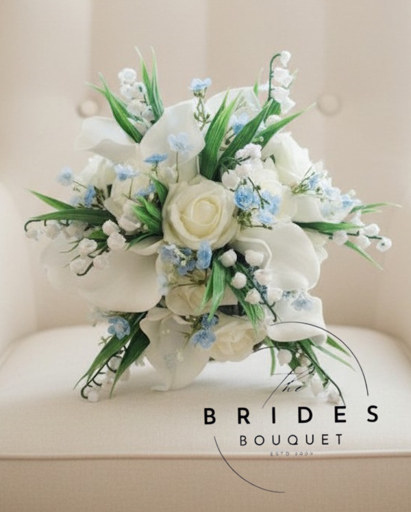 forget me not rose and calla lily wedding bouquet for bride or bridesmaids with lily of the valley