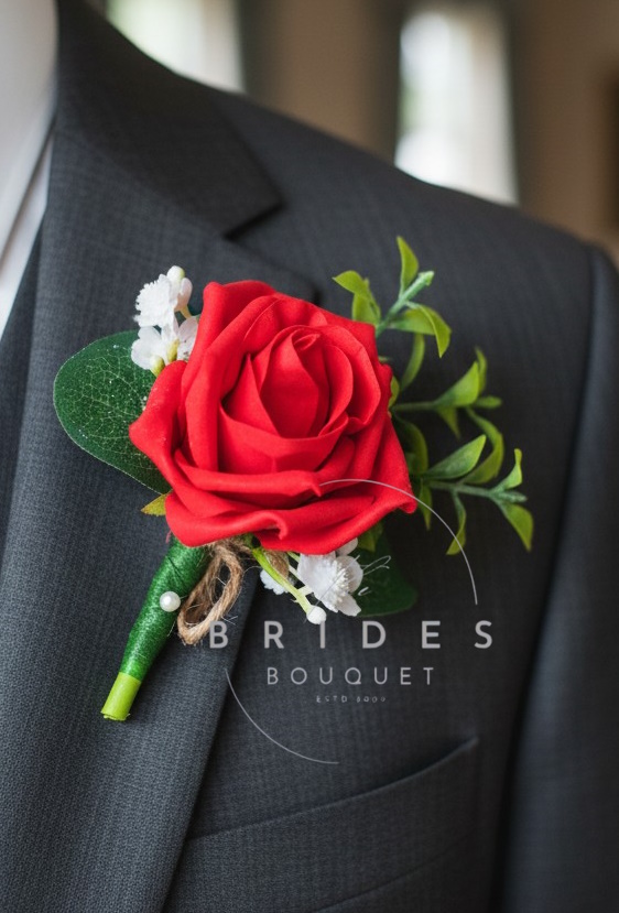 grooms artificial rose wedding buttonhole with foliage and gyposphila rustic wedding flowers boho buttonhole corsage rose gyp and foliage any colour guest buttonholes artificial