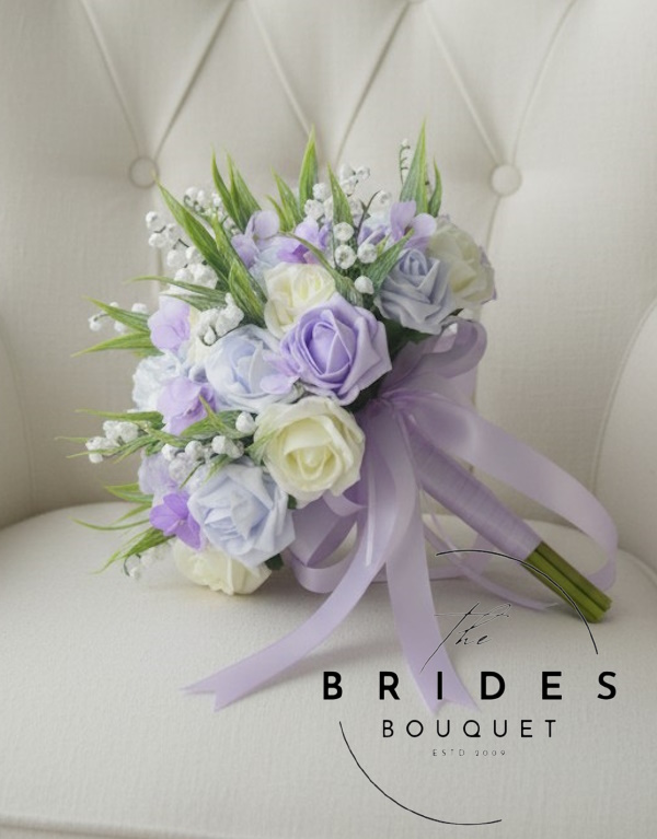 lilac lavender rose wedding bouquet with lily of the valley an hydrangea
