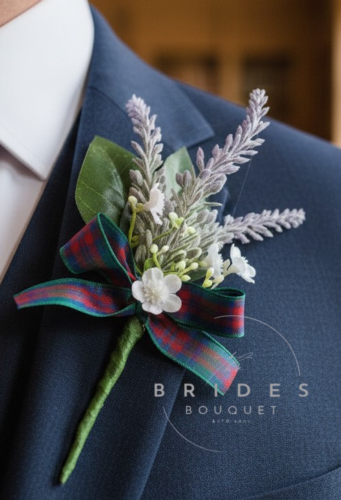 purple heather faux flower scottish wedding buttonhole grooms guests weddings