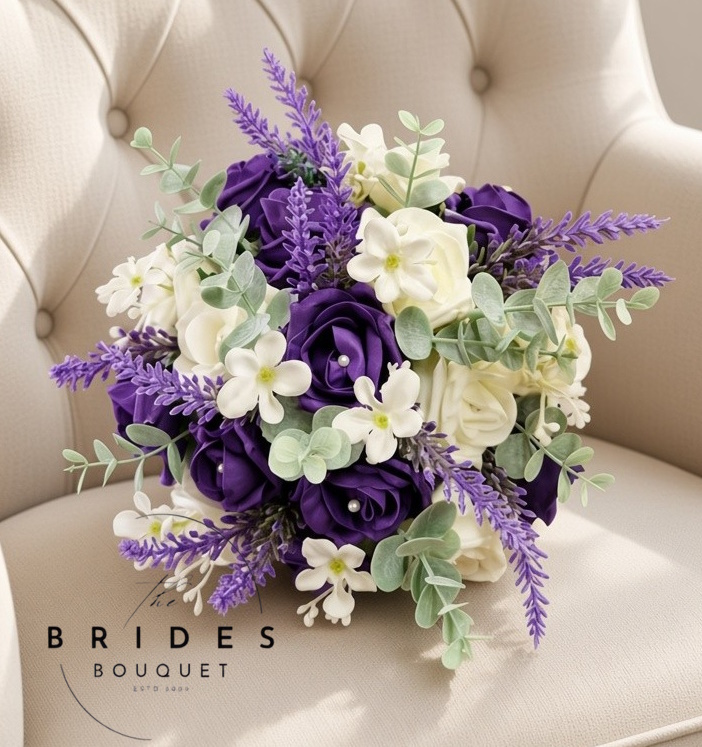 purple rose with heather and eucalyoptus bridal bridesmaids bouquet artificial flowers uk